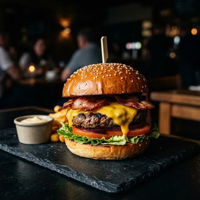 Gourmet burger with fries