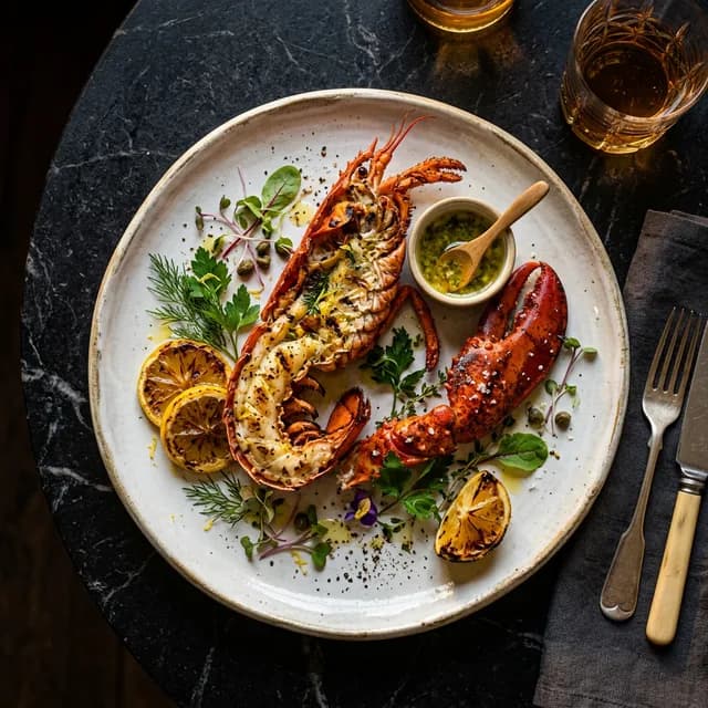 A plated gourmet dish on a dark table